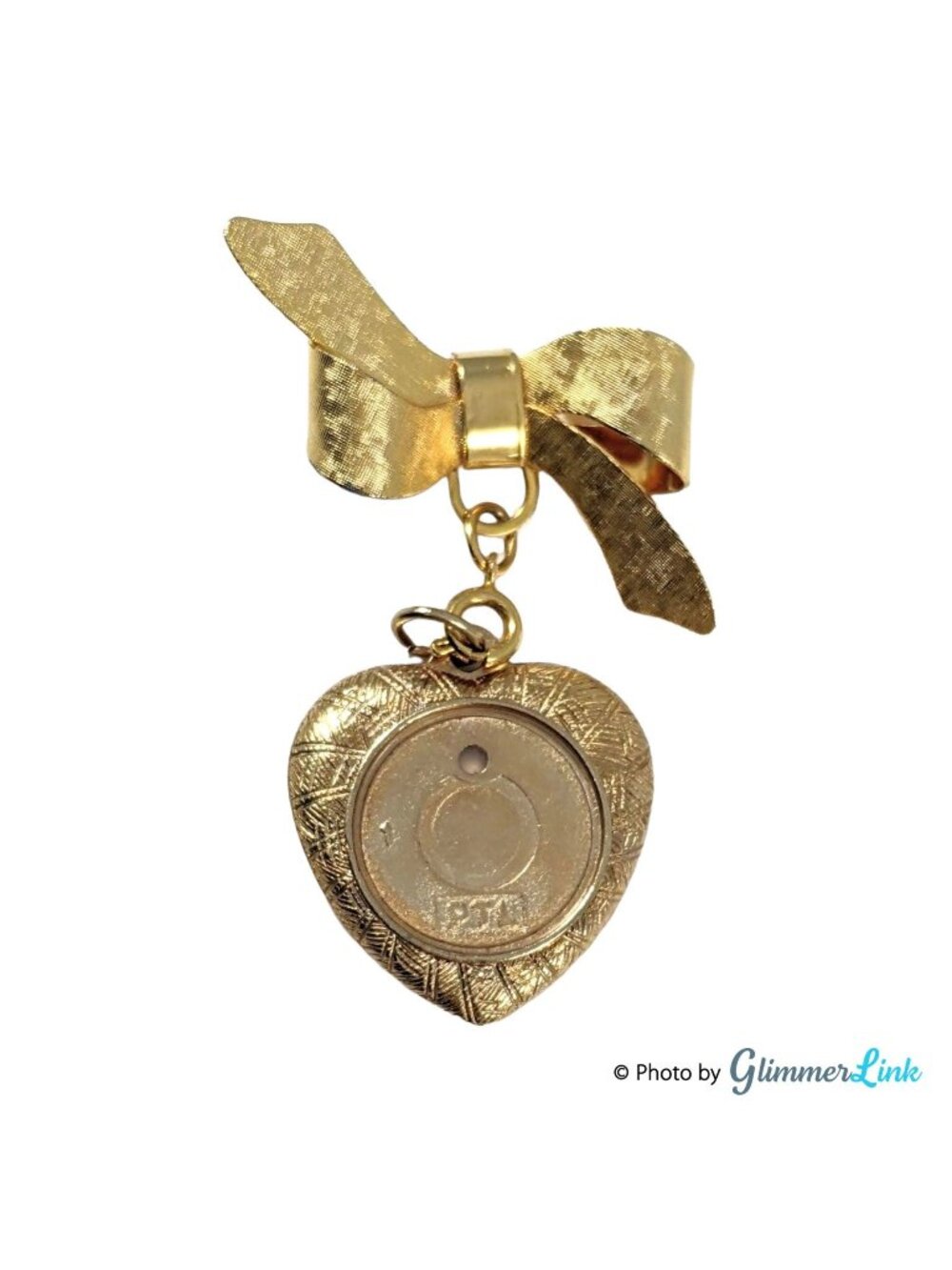 Vintage Gold Tone Bow Brooch with Dangling Heart Photo Frame Charm – Mid Century